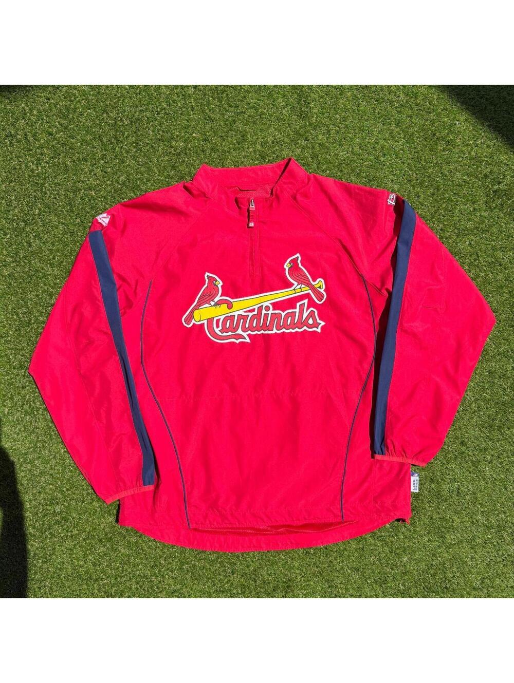 St Louis Cardinals Majestic 1/4 Zip Cage Jacket Mens L Red MLB Pullover Top